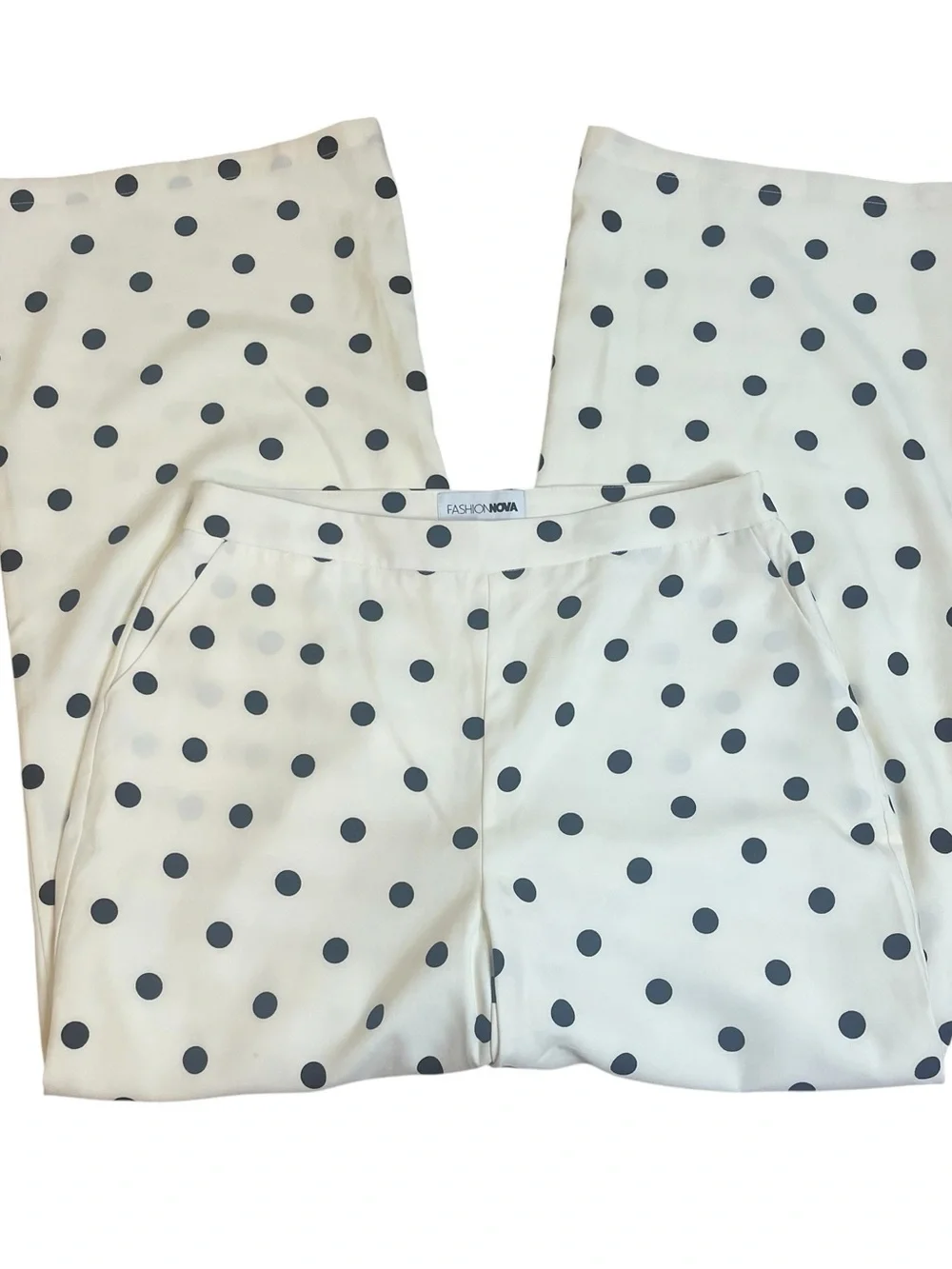 Fashion Nova White Wide-Leg Trouser Pants with Black Polka Dots Sz L